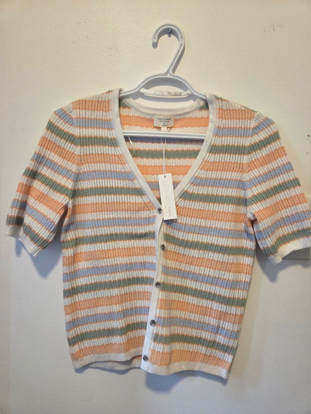 Gentle Fawn Short-Sleeve Striped V-Neck Cardigan Sweater - Pastel Stripe